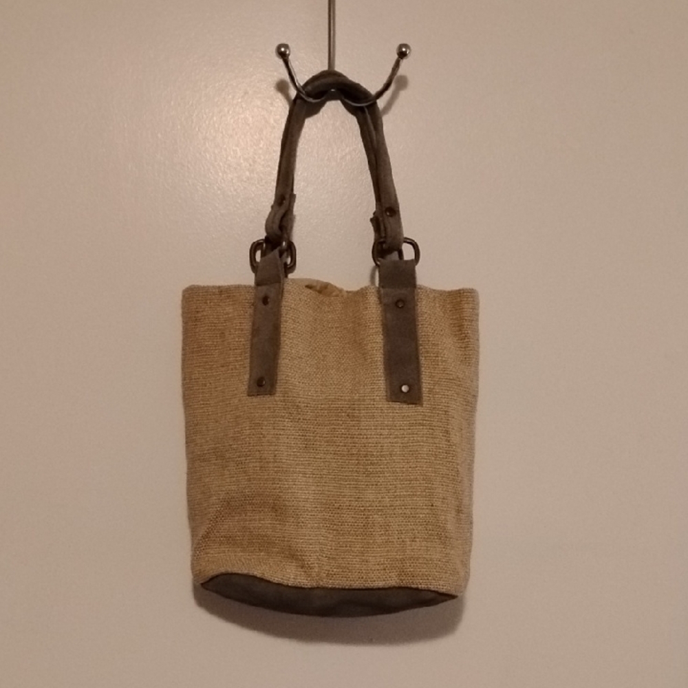 Pottery Barn Natural Jute Tote with Grey Leather Handles